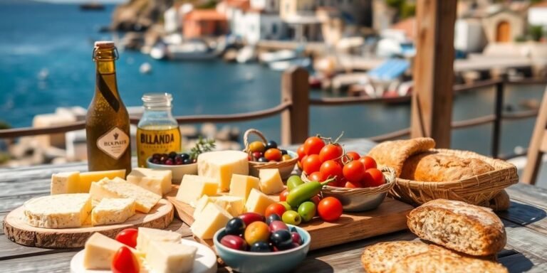 Bozcaada'da kahvaltı mekanları ve zengin kahvaltı tabağı.
